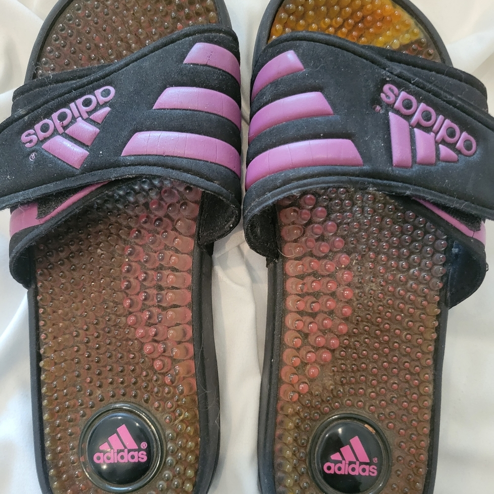 Adidas slides , size 6, back and pink